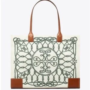 Tory Burch Elegant Crème and Brown Tote Bag with Green Rope Design.